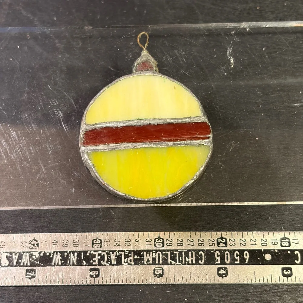 Vintage Stained Glass Ornament Yellow Red Slag Glass Suncatcher Handmade Round